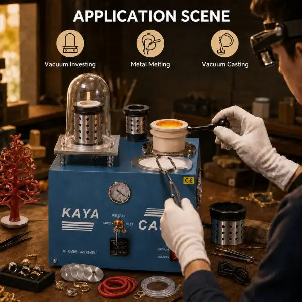 KAYA CAST HH-CM06 application scene showing a jeweler operating the machine on a workbench with finished rings and jewelry components nearby, covering vacuum investing, metal melting, and vacuum casting workflows