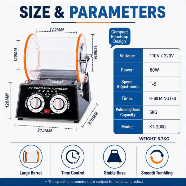 KT-2000 rotary jewelry tumbler size and parameters infographic showing 215x270x120mm dimensions 60W power 5-speed 0-60 min timer 5kg drum capacity and 6.7kg weight