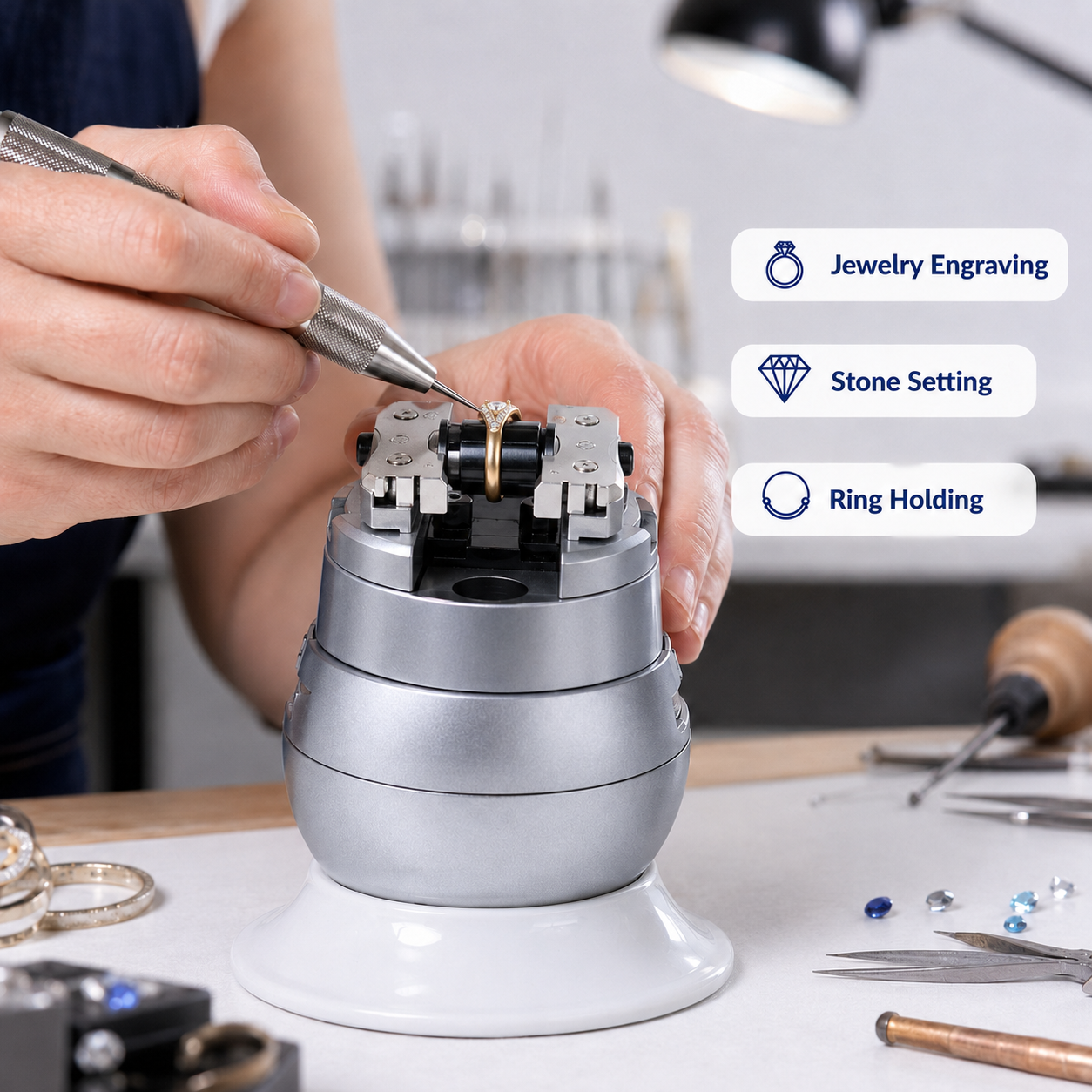 Jeweler using Musttool 3-inch ball vise to engrave a ring at the workbench, with callouts for jewelry engraving, stone setting, and ring holding applications
