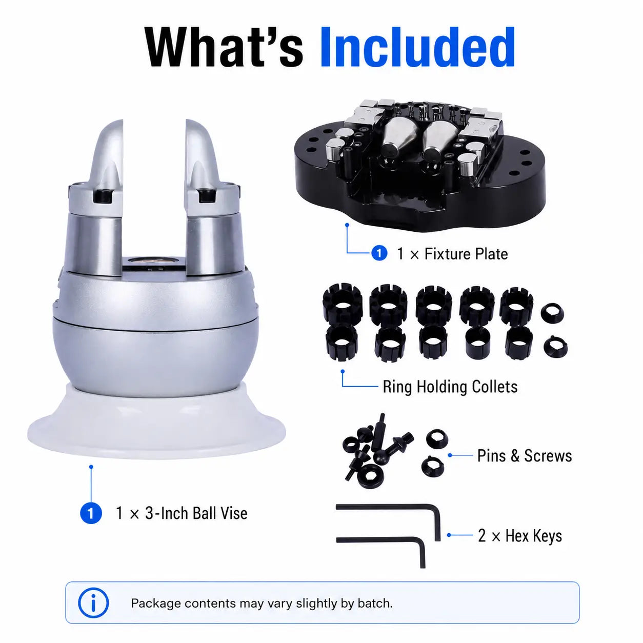 Musttool 3-inch ball vise what's included: 1x ball vise, 1x fixture plate, ring holding collets in multiple sizes, pins and screws, and 2x hex keys. Package contents may vary slightly by batch.
