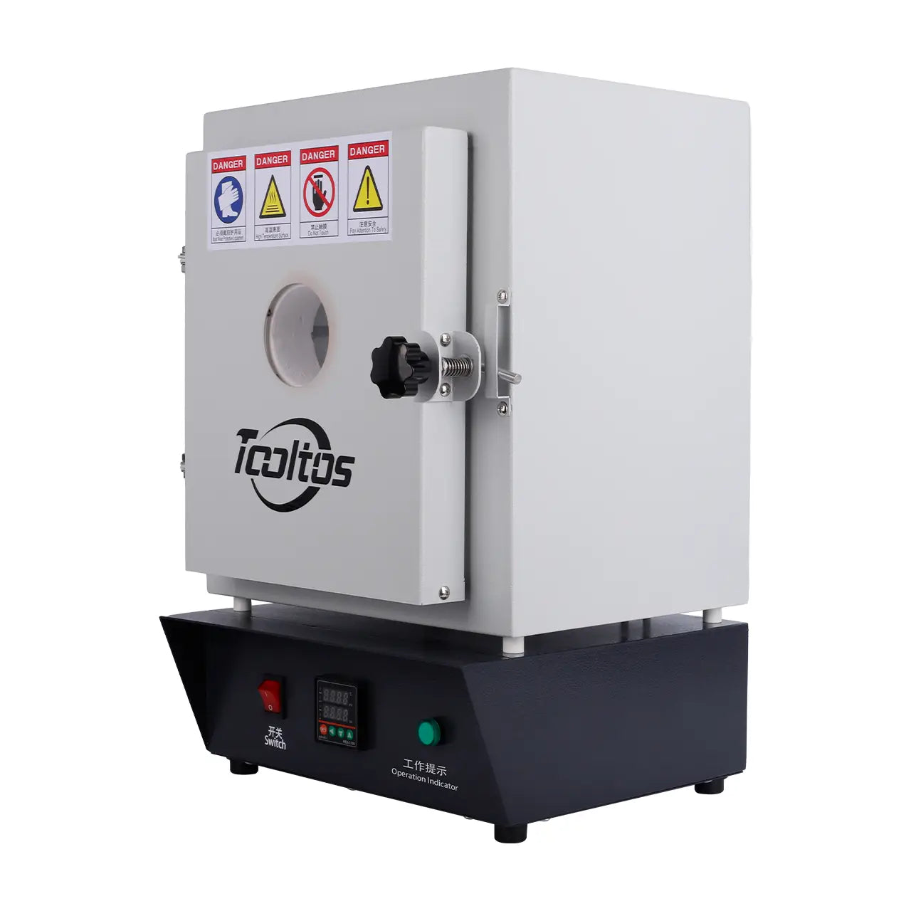 Dual-layer jewelry flask preheating furnace closed front-angle view showing Tooltos branding, observation window port, door latch mechanism, and safety warning labels on top panel