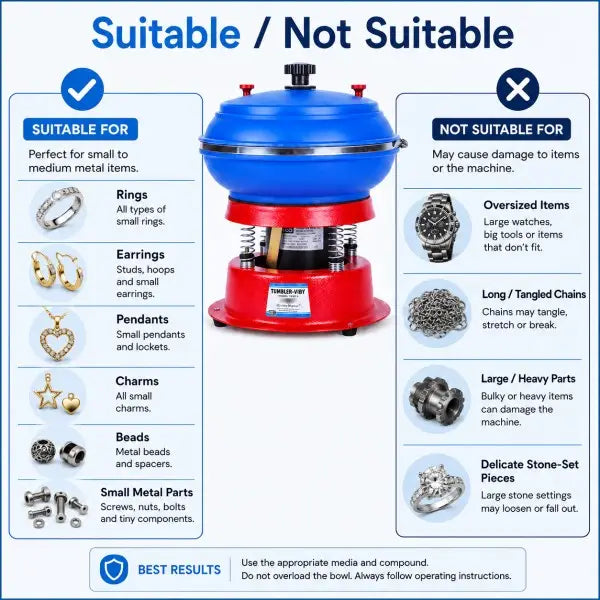 Suitable and not suitable items for the vibratory tumbler polisher: rings, earrings, pendants suitable; oversized items, tangled chains, stone-set pieces not suitable