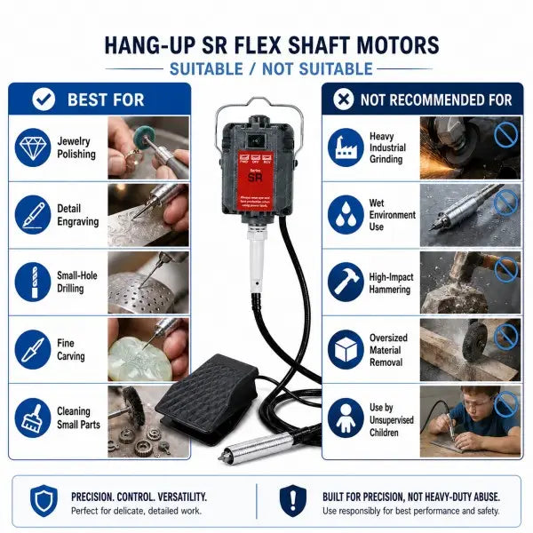 Hang-Up Flex Shaft Rotary Tool suitable and not suitable comparison: best for jewelry polishing, detail engraving, small-hole drilling, fine carving, and cleaning small parts; not recommended for heavy industrial grinding, wet environments, high-impact hammering, oversized material removal, or use by unsupervised children