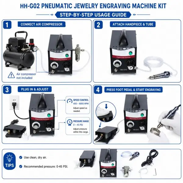HH-G02 step-by-step usage guide showing how to connect air compressor, attach handpiece, adjust speed and pressure, and use foot pedal for engraving