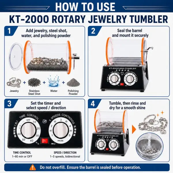 How to use KT-2000 rotary jewelry tumbler 4-step guide showing adding jewelry steel shot water and polishing powder sealing barrel setting timer and speed then rinsing for smooth shine