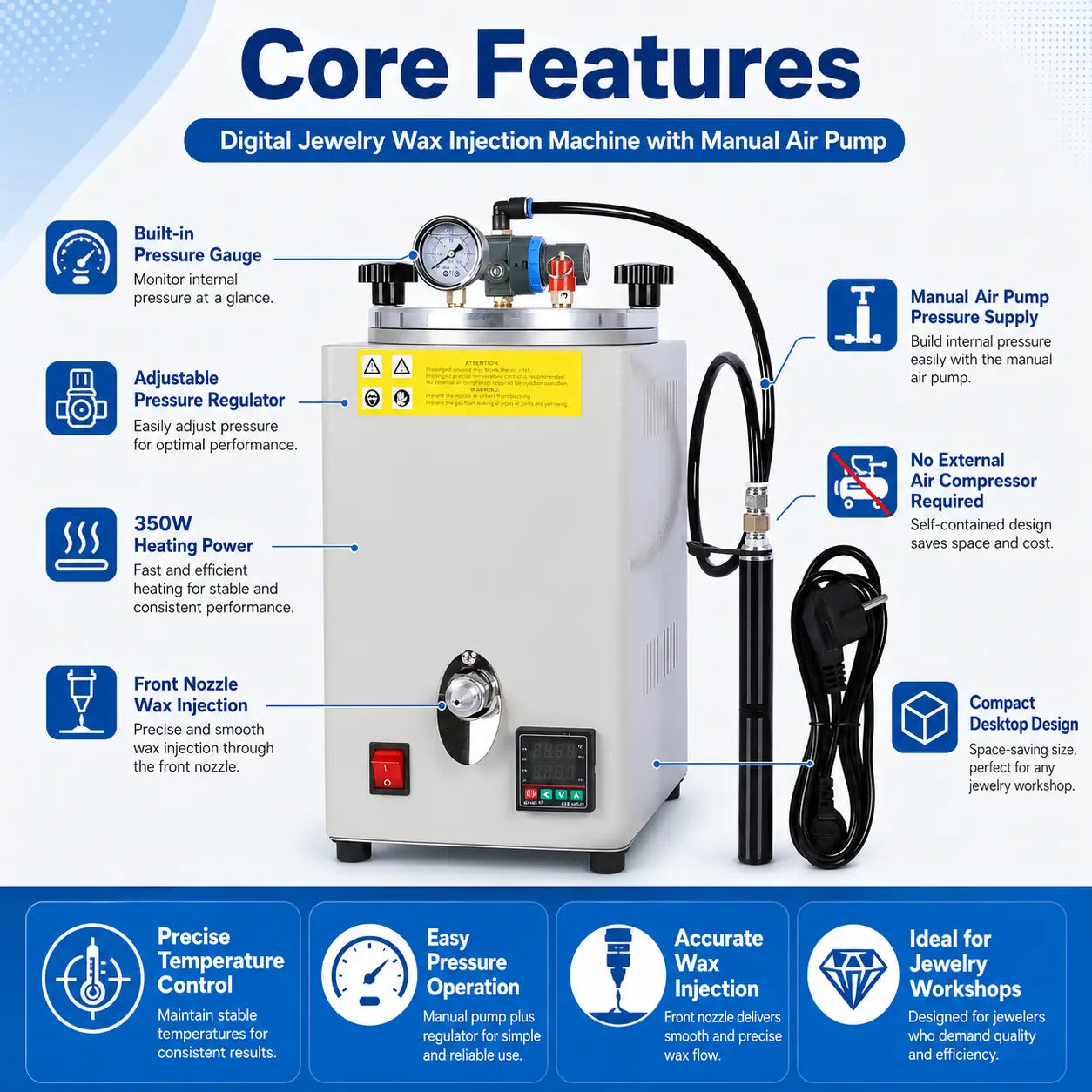 Digital jewelry wax injection machine core features: built-in pressure gauge, adjustable regulator, 350W heating, front nozzle injection, manual air pump, no compressor required