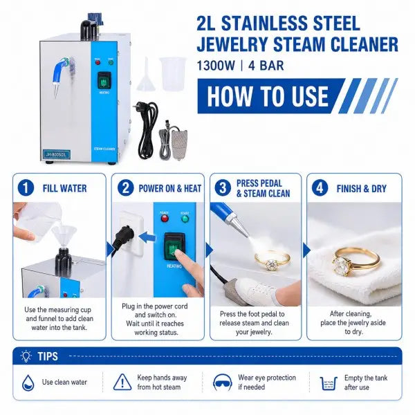 How to use the 2L Jewelry Steam Cleaner - fill water, power on and heat, press foot pedal to steam clean, finish and dry - with safety tips