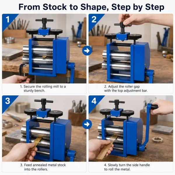 3-in-1 Manual Jewellery Rolling Mill how-to-use guide showing 4 steps: secure the rolling mill to a sturdy bench, adjust the roller gap with the top adjustment bar, feed annealed metal stock to the rollers, and slowly turn the side handle to roll the metal