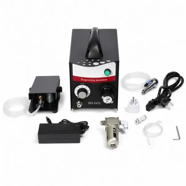 HH-G02 pneumatic jewelry engraving machine complete set with foot pedal, power adapter, air filter, handpiece, tubing, power cord, and allen key on white background