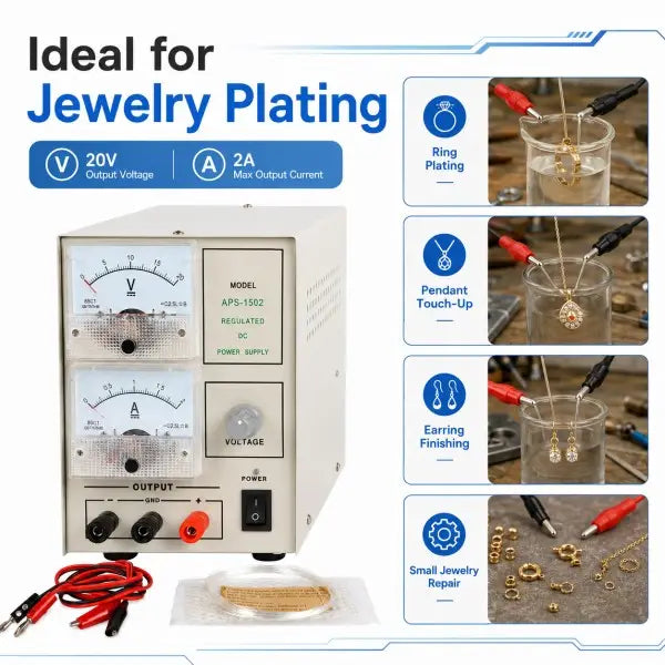 Jewelry gold plating machine ideal for ring plating, pendant touch-up, earring finishing and small jewelry repair with 20V 2A output