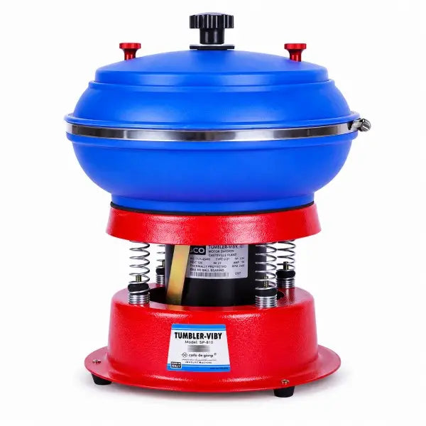 8-inch vibratory tumbler polisher with blue polypropylene bowl and red motor base, front view on white background