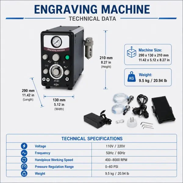 Pneumatic engraving machine technical data: dimensions 290x130x210mm, weight 9.5kg, 400-8000 RPM, 110V/220V, 50/60Hz, pressure range 0-60 PSI