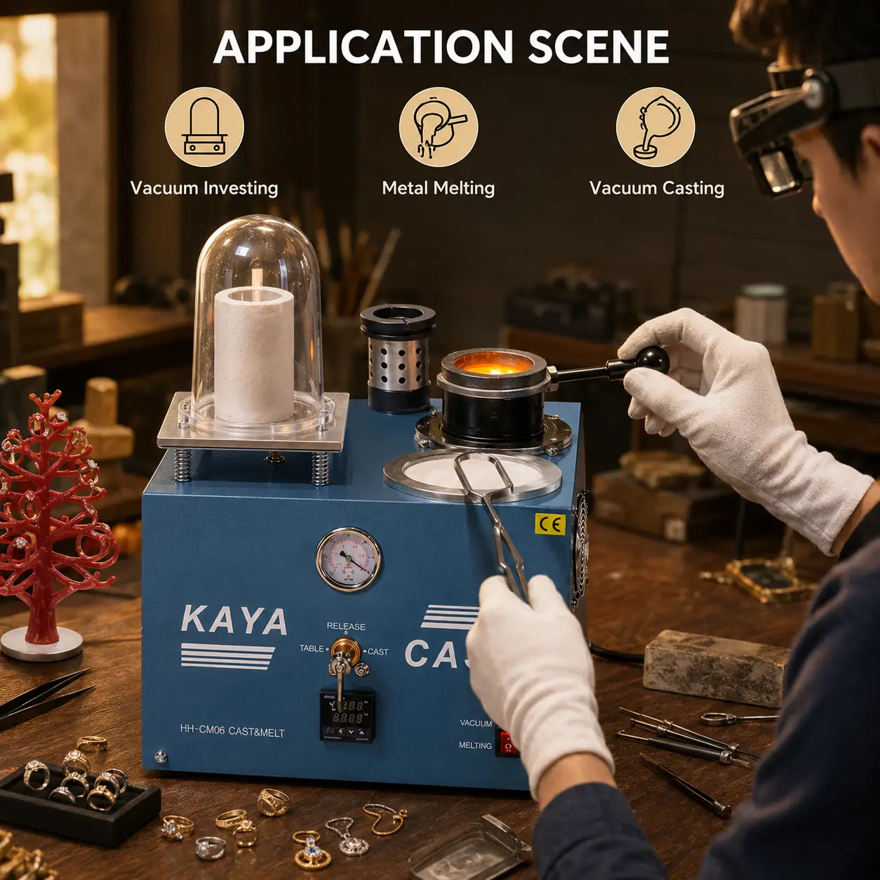 Jeweler using KAYA CAST HH-CM06 vacuum casting and melting machine in studio workshop for vacuum investing, metal melting, and vacuum casting

