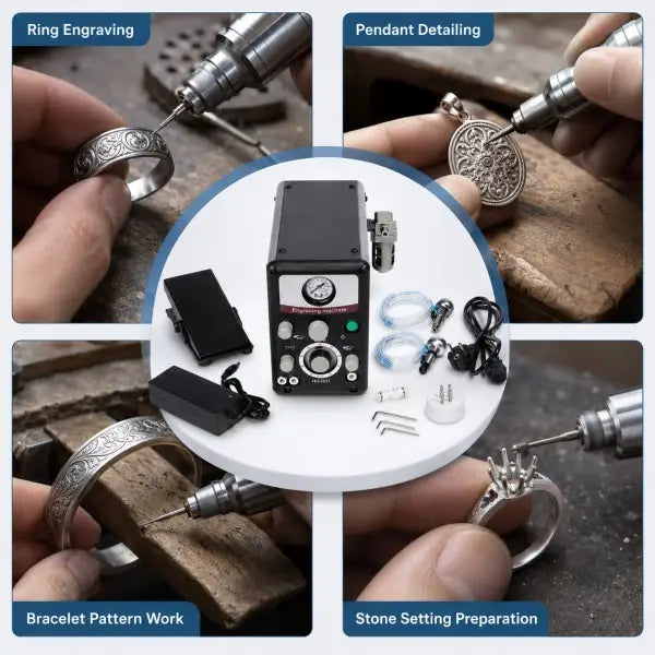 Close-up of hand engraving a ring using the pneumatic jewelry engraving machine handpiece