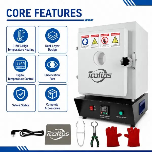 Dual-layer jewelry flask preheating furnace core features — 1150°C max temperature, dual-layer chamber, digital temperature control, and observation window