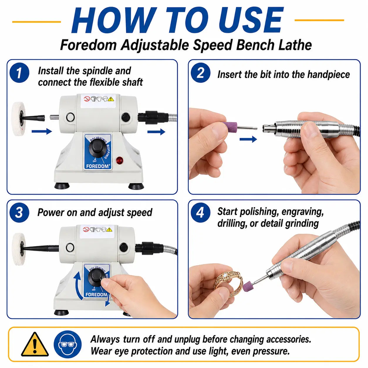 How to use Foredom bench lathe 4-step guide showing installing spindle inserting bit powering on adjusting speed and polishing engraving or drilling jewelry
