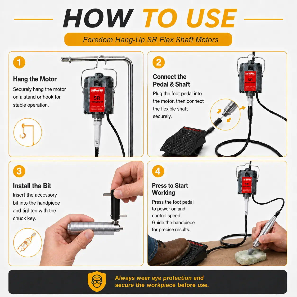 Flex shaft rotary tool 4-step how-to-use guide: step 1 hang the motor securely, step 2 connect foot pedal and flexible shaft, step 3 install bit with chuck key, step 4 press foot pedal to start and control speed