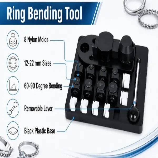 Manual Ring Bending Tool feature highlights including 8 nylon molds, 12-22mm round sizes, 60 and 90 degree bending, removable lever, and black plastic base, with finished silver rings in background