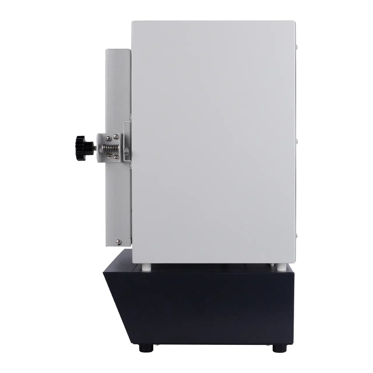 Dual-layer jewelry flask preheating furnace left side view showing door hinge, latch knob, and compact bench-top profile with black base unit