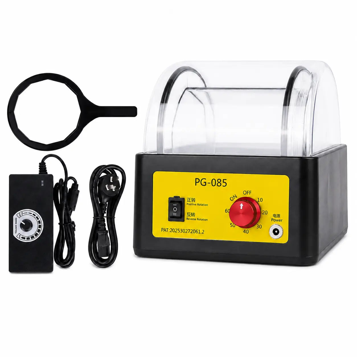 PG-085 rotary tumbler polisher complete set showing black benchtop machine with clear barrel, yellow front panel, red timer knob, forward and reverse switch, external speed controller, power cord, and barrel wrench on white background