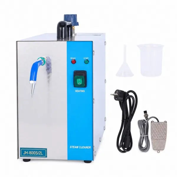 2L Stainless Steel Jewelry Steam Cleaner blue version front view with steam nozzle, foot pedal and accessories