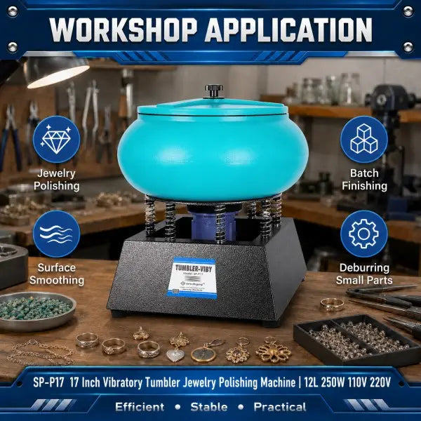 Workshop application of SP-P17 vibratory tumbler surrounded by gold rings and jewelry pieces, showing use cases: jewelry polishing, batch finishing, surface smoothing, and deburring small parts