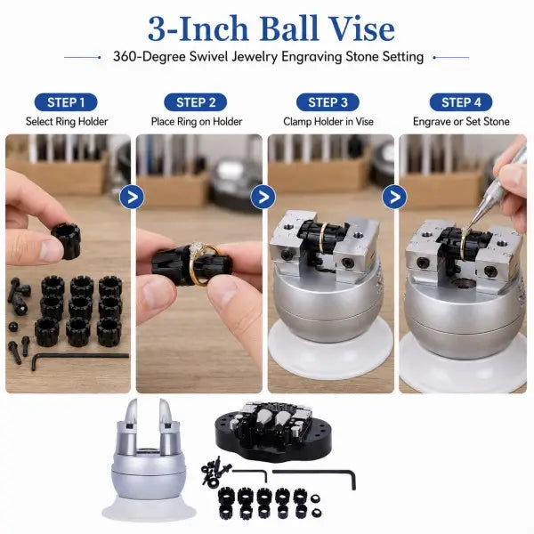 3-Inch Ball Vise how-to-use guide showing 4 steps: select ring holder, place ring on holder, clamp holder in vise, and engrave or set stone