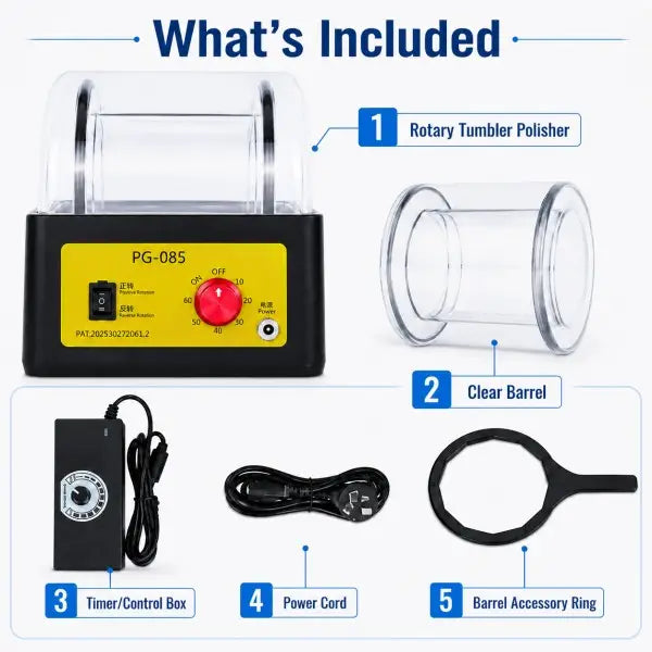 PG-085 Rotary Tumbler Polisher what's included: machine, clear barrel, timer and control box, power cord, and barrel accessory ring