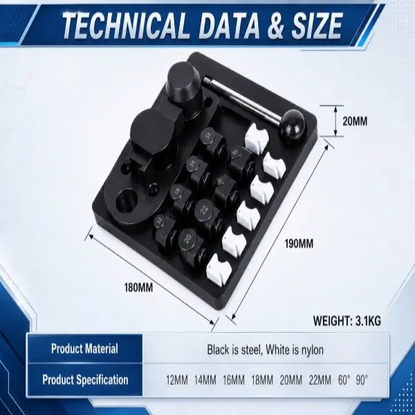 Manual Ring Bending Tool technical data and dimensions: 180x190x20mm, weight 3.1kg, steel and nylon construction, mold specifications 12mm 14mm 16mm 18mm 20mm 22mm 60 and 90 degrees