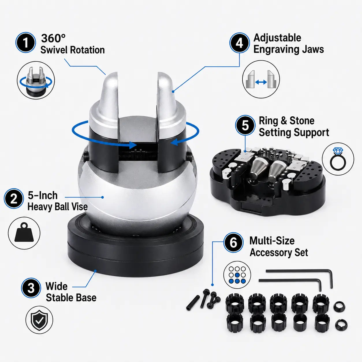 Musttool 5-inch ball vise feature callout diagram highlighting 360-degree swivel rotation, 5-inch heavy ball body, wide stable base, adjustable engraving jaws, ring and stone setting support, and multi-size accessory set