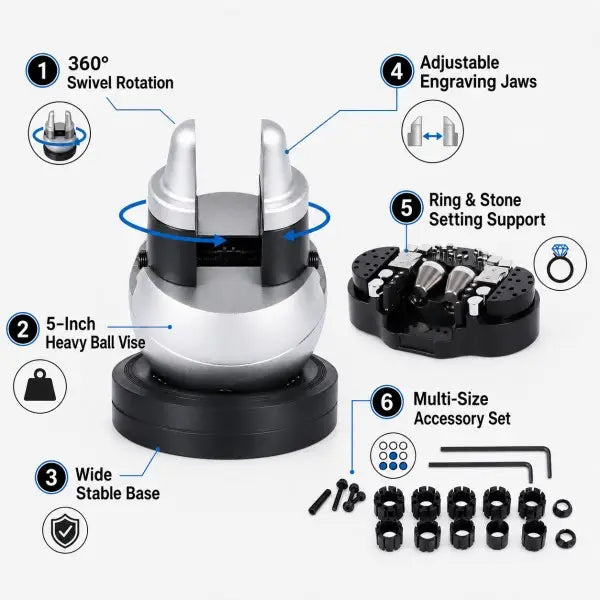 5-Inch Ball Vise feature overview showing 360-degree swivel rotation, heavy 5-inch ball body, wide stable base, adjustable jaw opening, fixture plate included, and multi-size ring holders