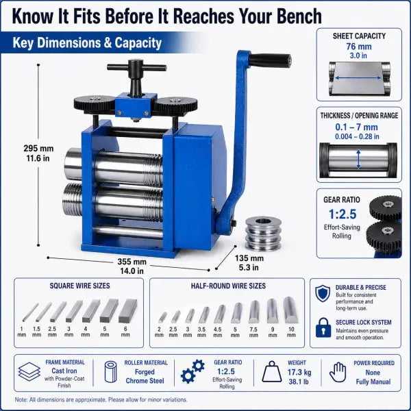 3-in-1 Manual Jewellery Rolling Mill key dimensions and capacity: 295x355x135mm, sheet capacity 76mm/3.0in, opening range 0.1-7mm, gear ratio 1:2.5, weight 17.3kg/38.1lb, cast iron frame, forged chrome steel rollers, square wire sizes 1-6mm, half-round wire sizes 2-10mm, fully manual