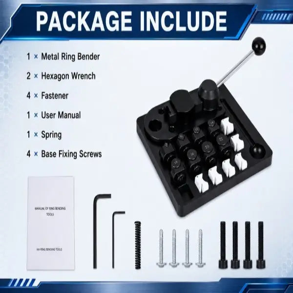 Manual Ring Bending Tool package contents including 1 metal ring bender, 2 hex wrenches, 4 fasteners, 1 user manual, 1 spring, and 4 base fixing screws, laid out on white background