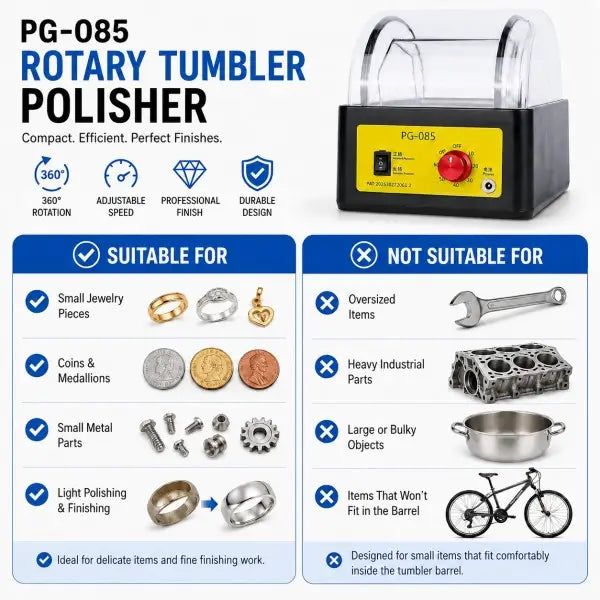 PG-085 Rotary Tumbler Polisher suitable for small jewelry pieces, coins, medallions, and small metal parts; not suitable for oversized items, heavy industrial parts, or large objects