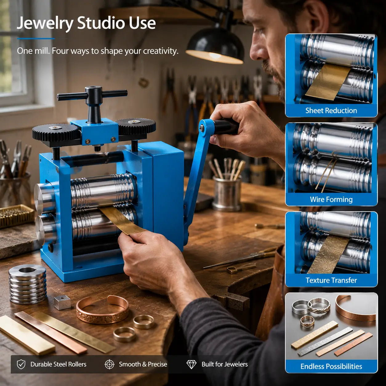 Jeweller using 4-in-1 manual rolling mill in studio to roll metal sheet, with inset images showing sheet reduction, wire forming, texture transfer and finished jewellery pieces