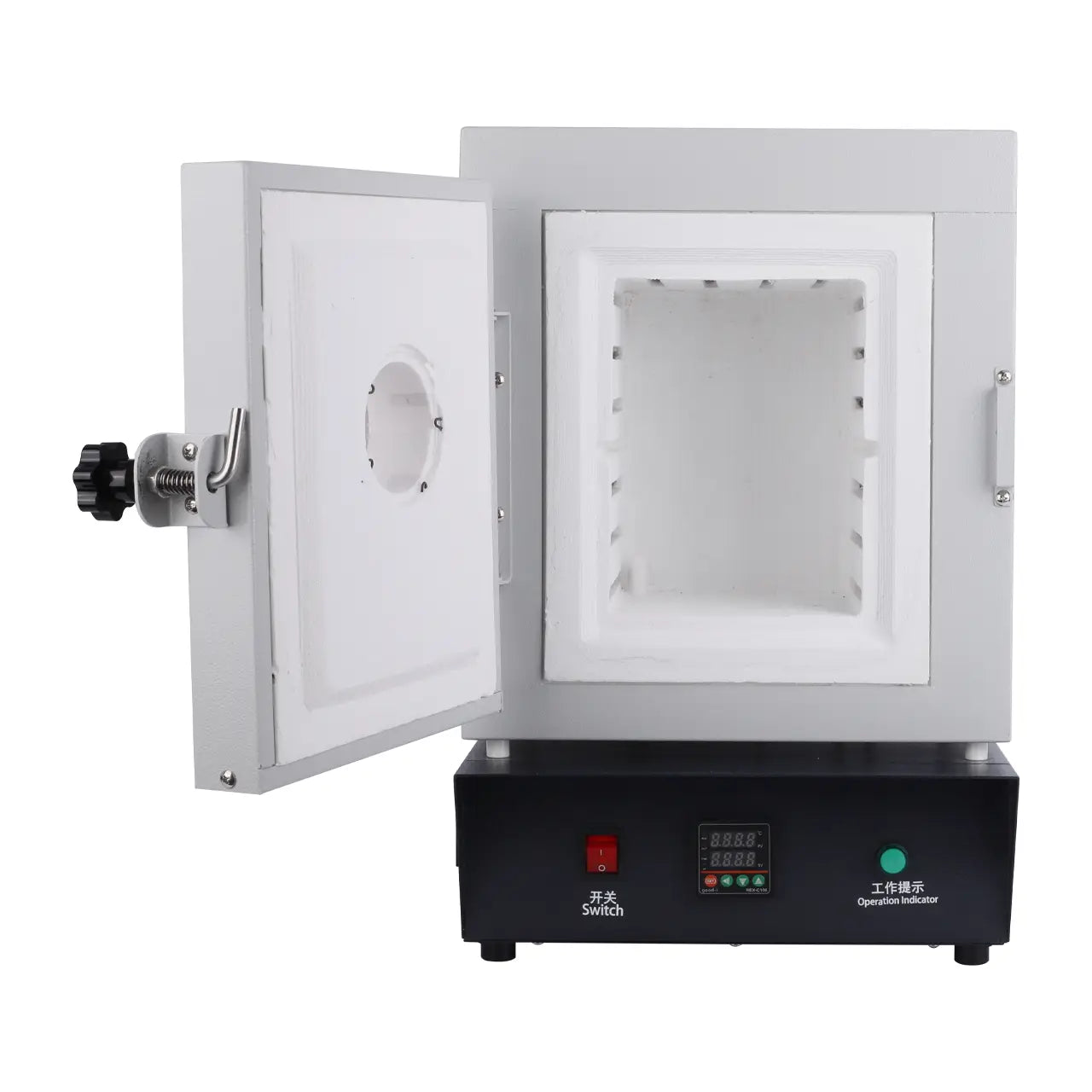 Dual-layer jewelry flask preheating furnace with door open showing empty ceramic fiber inner chamber, observation window port on door, and digital control panel with switch and operation indicator