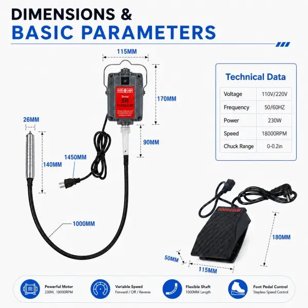 Hang-Up Flex Shaft Rotary Tool dimensions and technical parameters showing motor 115x170x90mm, flexible shaft 1000mm, foot pedal 115x50x180mm, voltage 110V/220V, 230W, 18000RPM, chuck range 0-0.2in