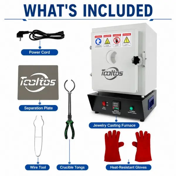What's included with the jewelry flask preheating furnace — power cord, separation plate, wire tool, crucible tongs, heat-resistant gloves