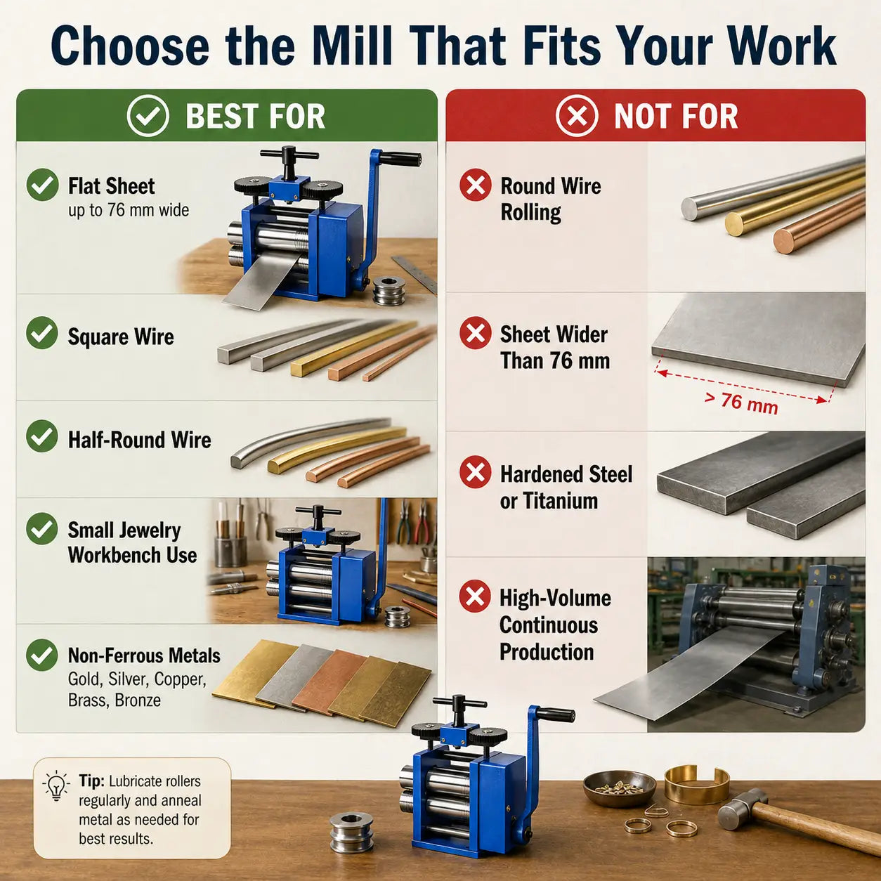 Best For and Not For comparison chart: rolling mill suits flat sheet up to 76mm, square wire, half-round wire, small jewellery workbench and non-ferrous metals; not for round wire, sheet over 76mm, hardened steel or titanium, or high-volume production
