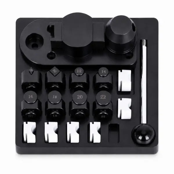 Manual Ring Bending Tool with black steel base, 8 interchangeable nylon molds including 12-22mm round sizes and 60 and 90 degree formers, and hand lever, shown with all molds installed on storage base