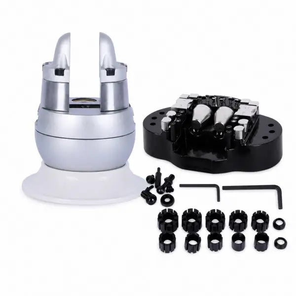 3-Inch Ball Vise with self-centring jaws, chrome steel body, and black ring fixtures, shown with included hex keys, upper jaw plates, and screws on white background