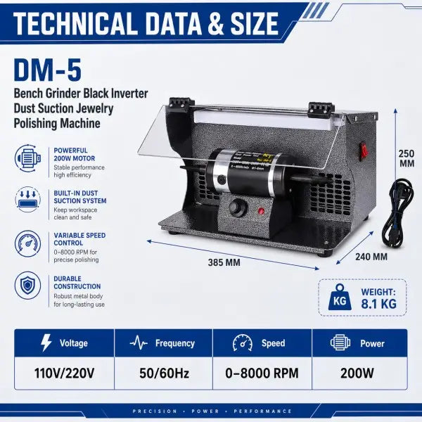 Technical data and size chart for bench polisher showing dimensions 385 x 240 x 250 mm, weight 8.1 kg, 200W motor, 0–8000 RPM speed, 110V/220V, 50/60 Hz