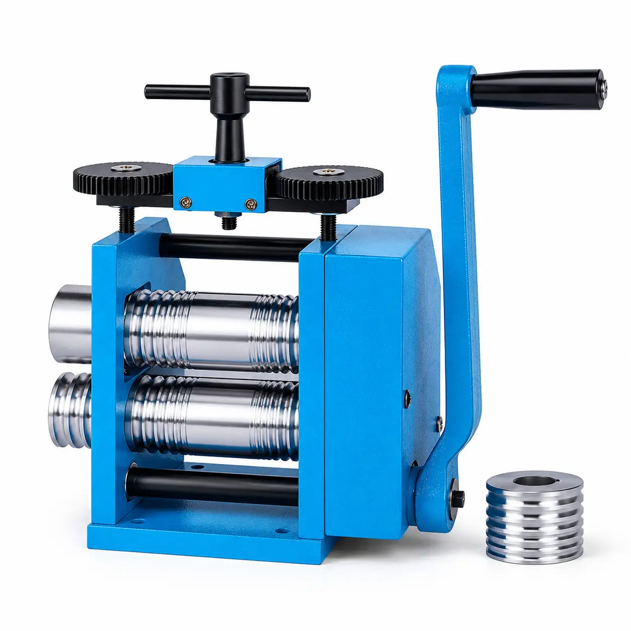 4-in-1 manual jewellery rolling mill front view with blue cast iron frame, chrome steel rollers and semicircular groove replacement roller accessory