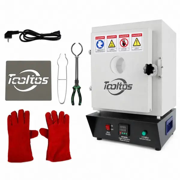 Dual-layer jewelry flask preheating furnace with accessories — separation plate, crucible tongs, wire tool, power cord, and heat-resistant gloves