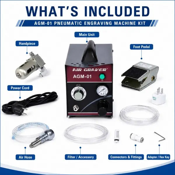 What's included with AGM-01 pneumatic engraving machine kit: main unit, handpiece, metal foot pedal, power cord, air hose, filter and accessory, connectors and fittings, adapter and hex key