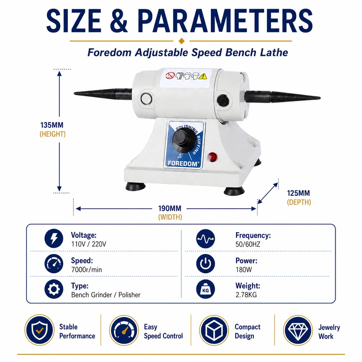 Foredom bench lathe size and parameters infographic showing 190mm width 135mm height 125mm depth 180W power 7000 RPM 110V 220V and 2.78kg weight
