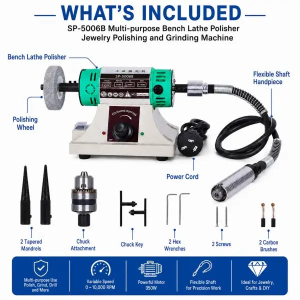 SP-5006B bench lathe polisher what's included showing bench lathe polisher flexible shaft handpiece polishing wheel 2 tapered mandrels chuck attachment chuck key 2 hex wrenches 2 screws and 2 carbon brushes