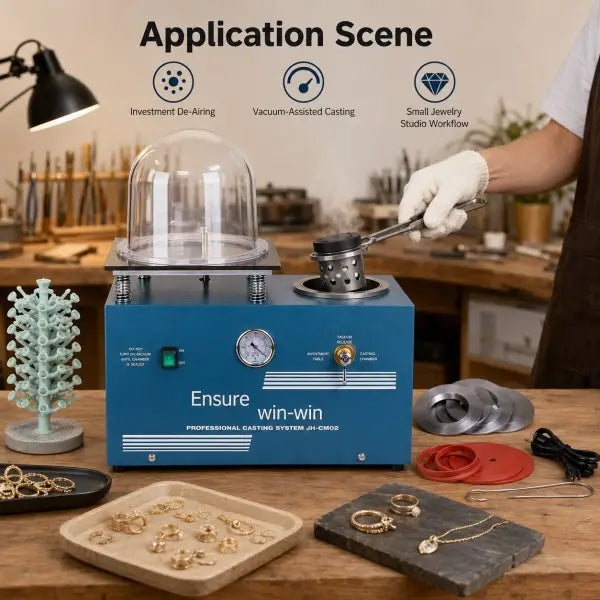 4L Vacuum Investing and Casting Machine application scene in a jewelry studio showing investment de-airing, vacuum-assisted casting, and small jewelry studio workflow, with finished rings, pendants, and wax tree on the workbench