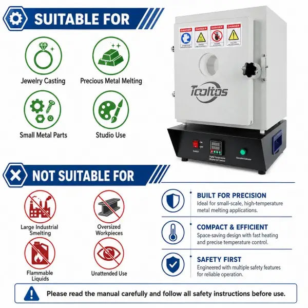 Jewelry flask preheating furnace suitable for jewelry casting and studio use, not suitable for large industrial smelting or flammable liquids