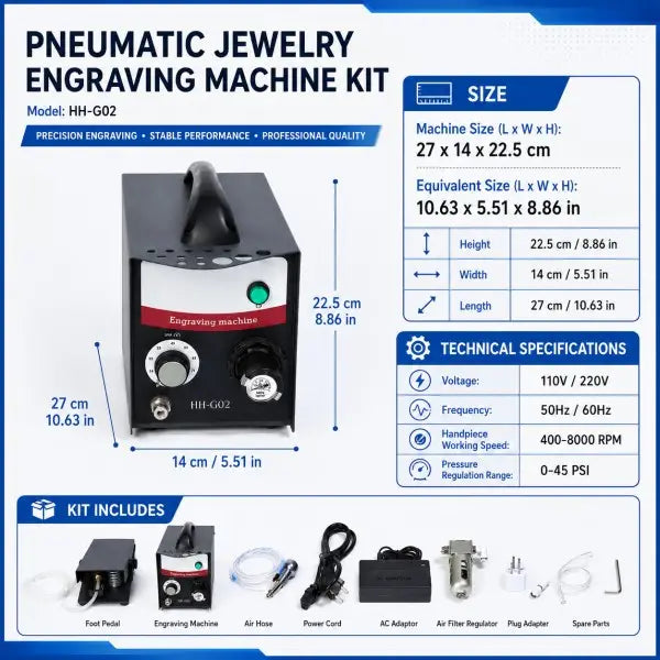 HH-G02 pneumatic engraving machine size diagram: 27x14x22.5 cm (10.63x5.51x8.86 in), with technical specifications: 110V/220V, 50/60Hz, 400-8000 RPM, 0-45 PSI